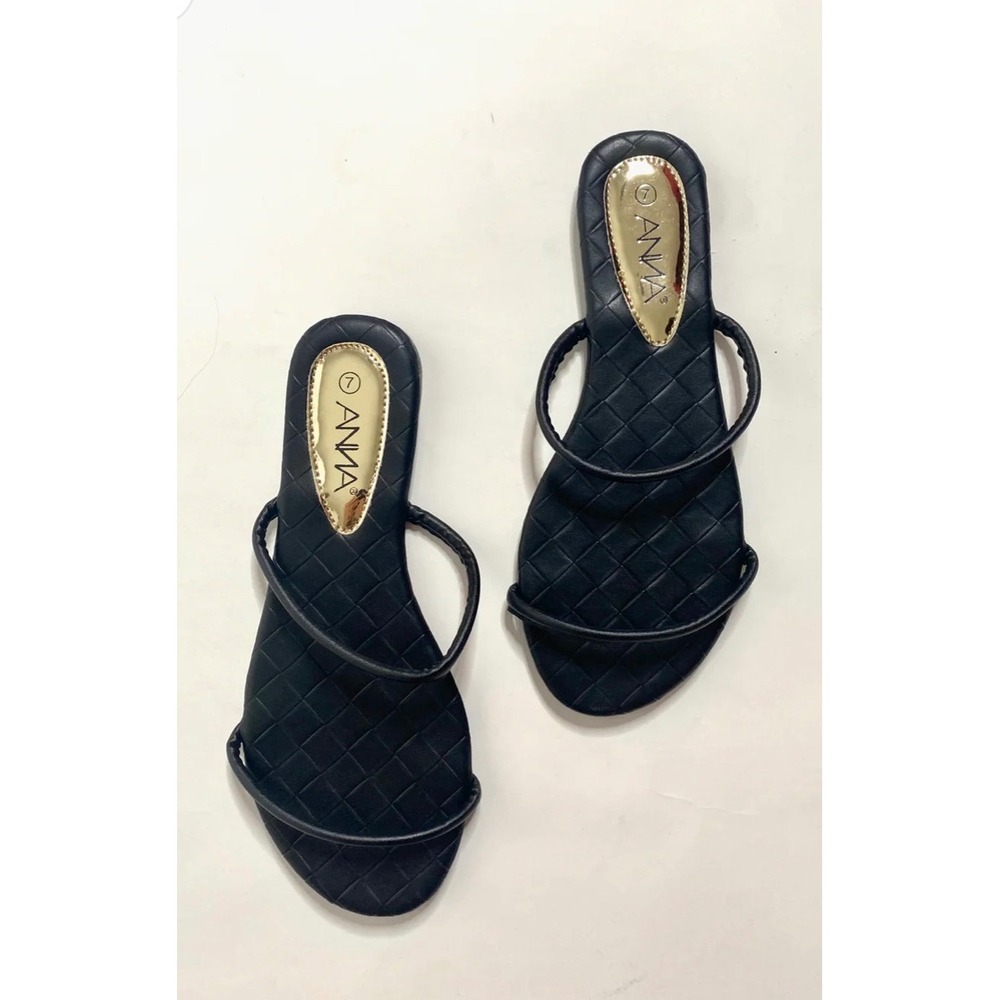 ANNA Easy Peasy Slides-Womens Black Quilted Strappy Flat Slide Sandals Size 8